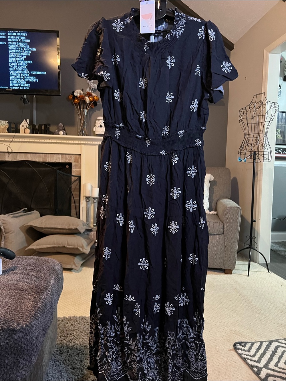 Embroidered Navy Floral Maxi Dress - Women